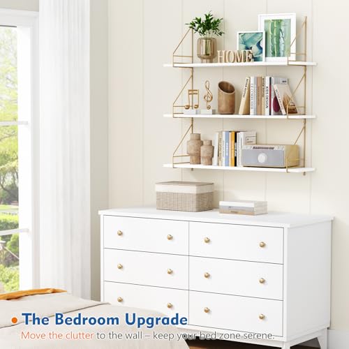 36 Inch Floating Wall Shelves with Gold Rail - White and Gold Book Storage