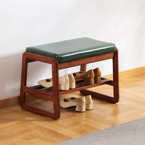 Solid Wood Shoe Bench with Cushion - 21.65 Inch Green Entryway Storage
