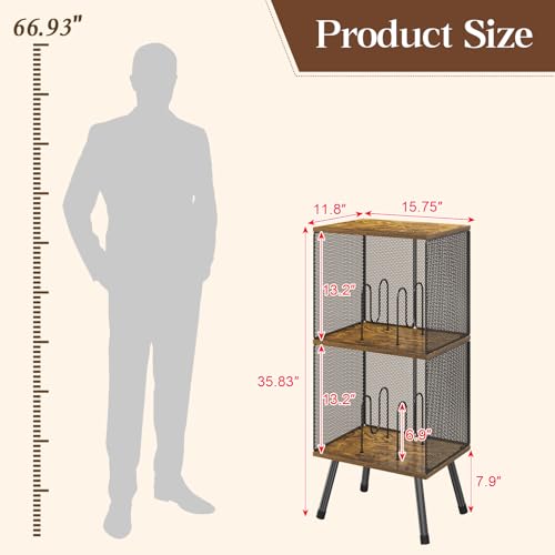 Brown 3-Tier Vinyl Record Stand with Storage and Adjustable Divider - 11.8"D x 15.7"W x 35.8"H