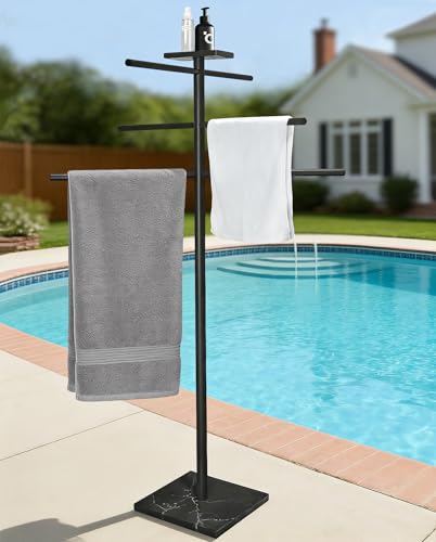 EADOT Marble Base Outdoor Pool Towel Rack with 6 Arms & Tray - Matte Black Variation