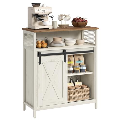 Rustic White and Honey Buffet Cabinet with Sliding Barn Door - No Power Outlet Light - 11.8D x 27.6W x 31.5H - VASAGLE