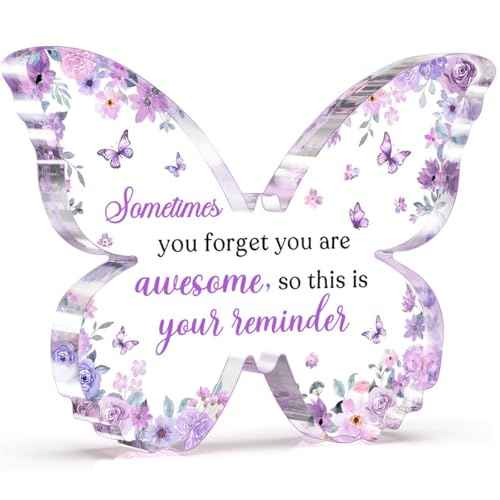 Purple Gifts for Women Christmas, 5x3.8x0.5 Inch Purple Butterfly Office Decor Acrylic Plaque, Encouragement Motivational Congratulations Gifts for Women Friend Coworker,