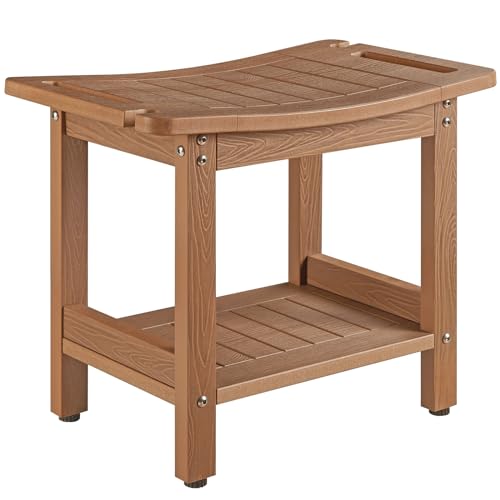 JemKelly Brown Heavy Duty Shower Bench 500LB Waterproof Poly Lumber Seat with Storage & Handrails