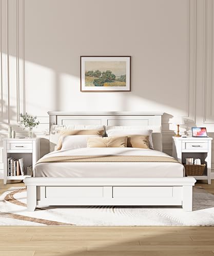 Decofy Farmhouse Nightstand with Charging Station - Pure White, 1 Drawer