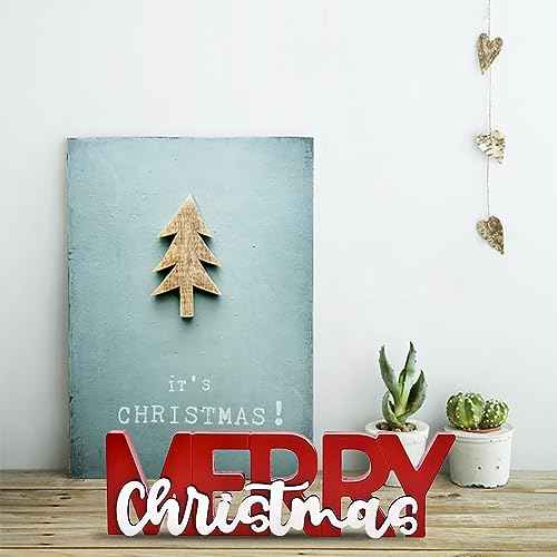 Merry Christmas Sign, Wooden Christmas Decoration, Free Standing Centerpiece, Xmas Party Decor for Table, Tiered Tray, Mantel (Red)