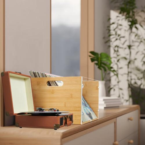 Vinyl Record Storage Box Set - 2 Pack Bamboo & Acrylic Crates for Albums & Magazines