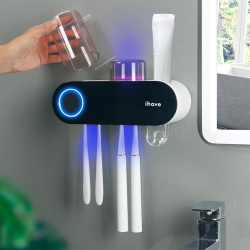 UV Toothbrush Sanitizer Holder Wall Mount Dispenser 2 Cups - Black