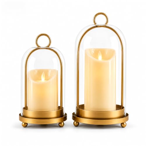 Gold Hurricane Candle Holders Set - Vintage Lanterns with LED Candles, 4” & 5”