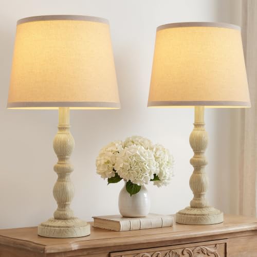 GyroVu Creamy White Rustic Farmhouse Set of 2 Bedside Table Lamps with Linen Shade - 20.5 inches