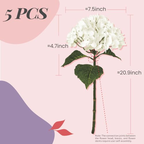 Yatim 21-Inch White Artificial Hydrangea Flowers - 5 Pack for Home & Wedding Decor