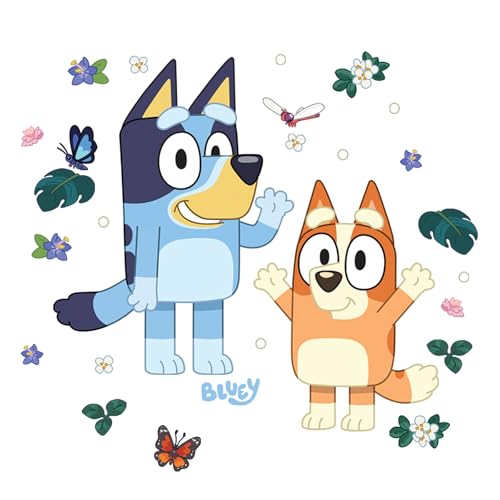 Bluey & Bingo Character Peel and Stick Wall Decals with Floral & Insect Design - Repositionable Kids Wall Decor