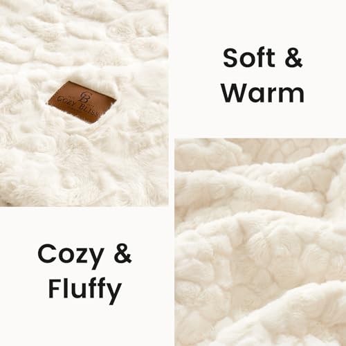 Cream White Faux Fur Throw Blanket - 55 x 70 Inch Reversible Plush Couch Blanket - Cozy Bliss