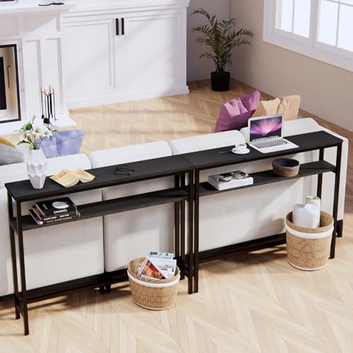Black Narrow Console Table with Adjustable Shelf - 39.4 Inch Sofa Entry Table