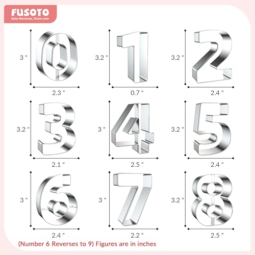 FUSOTO 9PCS Number Cookie Cutters Set 3 Inch, Includes 0-8 with Reverses to 9