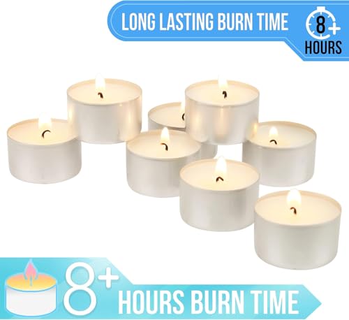 Stonebriar 100 Pack Unscented Tea Light Candles - 8 Hour Burn Time, White, Sibling 100