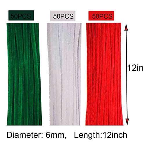 150Pcs Christmas Pipe Cleaners Craft Set Including 50Pcs Green Chenille Stems, 50Pcs White Chenille Stems, and 50Pcs Red Pipe Cleaners for DIY Crafts Christmas Decorations (150Pcs Red White Green)