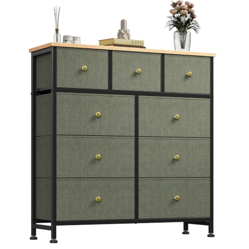 Sage Green Fabric Dresser with 9 Drawers - Bedroom Storage Tower, 11.8"D x 39.4"W x 40.2"H