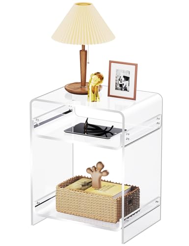 Acrylic End Table with Storage Shelf - Clear Nightstand for Record Player & Magazines (15.7x19.7x11.8)