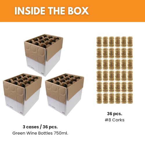 36 Pack Champagne Green Glass Wine Bottles 750ml with #8 Corks - W5 Style, Perfect for Home Winemaking