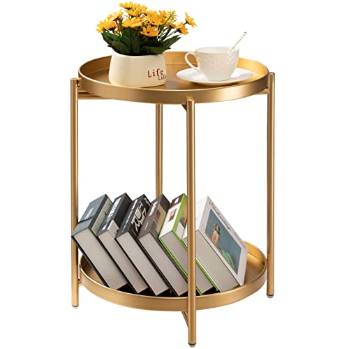 Gold 2-Tier Folding Metal Side Table with Removable Trays - Small Nightstand