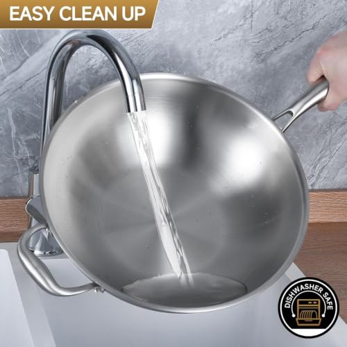LOLYKITCH 13-Inch Stainless Steel Wok with Glass Lid and Detachable Handle