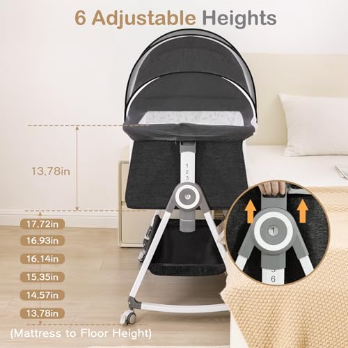 OHFLY Dark Grey 4-in-1 Portable Baby Bassinet with Waterproof Mattress & Locking Wheels