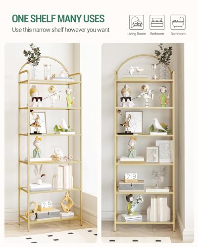 Hzuaneri Tempered Glass Bookcase Shelf - Gold, Slim 71in Home Office Storage