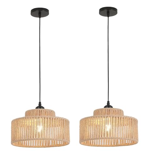 Brown 2-Pack Rattan Pendant Light - 11 Inch Handmade Woven Wicker Chandeliers for Kitchen & Living Room - Small Basket Hanging Light Fixture