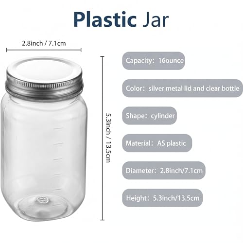 Silver 20 Pack 16 oz Plastic Mason Jars with Lids - Clear, Leakproof, Travel-Friendly