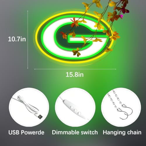 BNBIDEN Green Packers Football Neon Sign for Wall Decor, Sports Bar & Man Cave Lighting