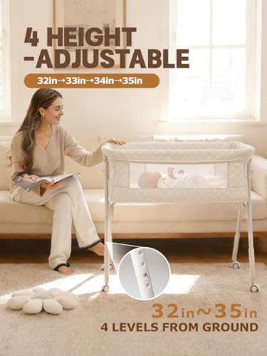 Baby Bassinet Bedside Sleeper with Crib Sheet & Wheels - Cream