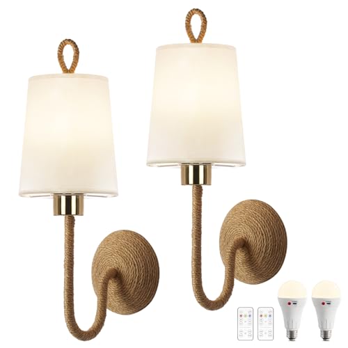 Set of 2 Battery-Operated Boho Wall Sconce Lamps with Remote – Rechargeable LED Rattan Lights for Bedroom & Living Room