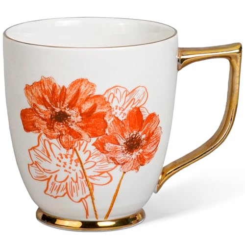 Asmwo White Ceramic Daisy Mug 15 oz Floral Coffee Tea Cup with Gold Rim