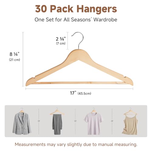 Heavy Duty Wooden Coat Hangers 0.5" Thick - Natural 30 Pack - Contoured Clothing Hangers