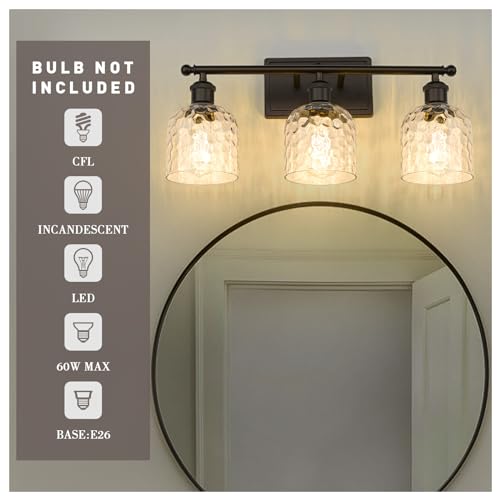 Farmhouse Vanity Light Fixture - 3-Light Oil Rubbed Bronze with Hammered Glass Shades, 21-inch Bathroom Wall Sconce - Up/Down Mounting