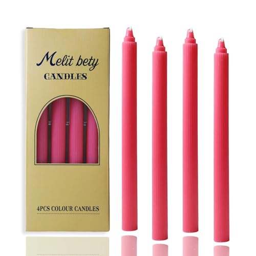 Kemladio 10in Rose Red Vertical Stripe Taper Candles, 4-Pack for Dinner Parties & Weddings