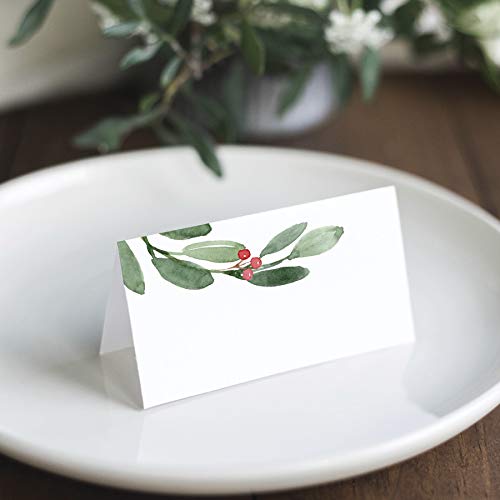 Bliss Collections Greenery Holiday Place Cards for Christmas Party, Wedding or special winter event! Seating Place Cards for Tables, Scored for Easy Folding, 50 Pack, 2 x 3.5 Inches