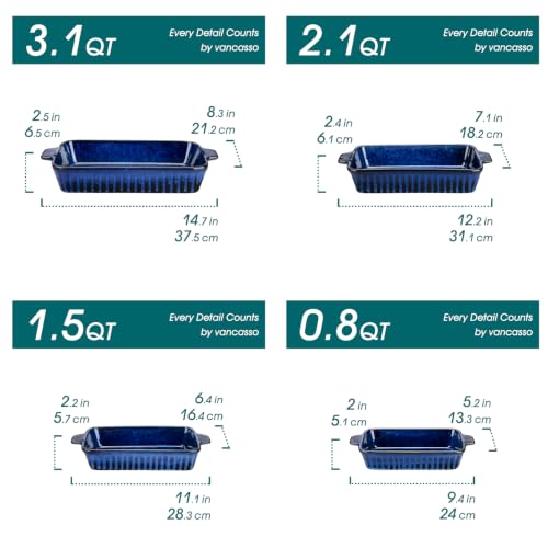 Vancasso Blue Ceramic Casserole Dishes Set of 4 Oven Safe Deep Rectangular Lasagna Pans