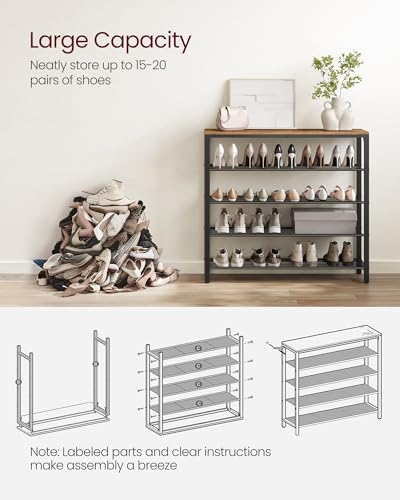 VASAGLE 5-Tier Shoe Rack Rustic Brown Mesh Shelves 16-20 Pairs, 11.8D x 39.4W