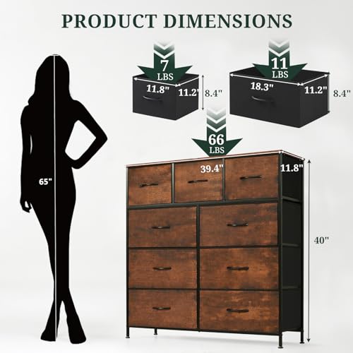 Brown 9-Drawer Dresser for Bedroom Storage - SageNest, 11.8"D x 39.4"W x 40"H