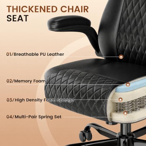 GTPLAYER Charcoal Black PU Leather Office Chair with Flip-up Arms, Ergonomic Home Desk Chair