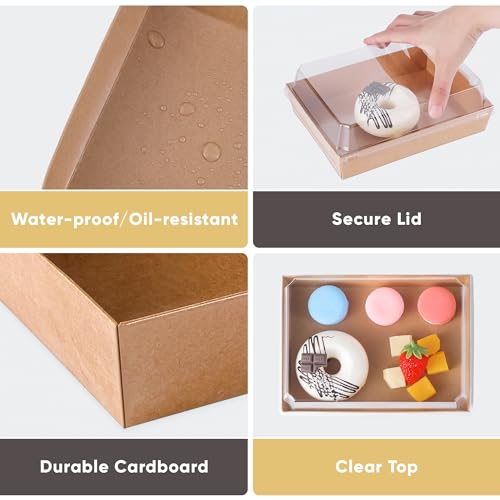 Brown 50 Pack 8x6in Charcuterie Board Boxes with Clear Lids - Food Gift Containers