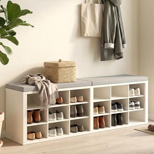 AraSyleon White & Gray 18-Cubby Shoe Storage Bench with Cushioned Seat