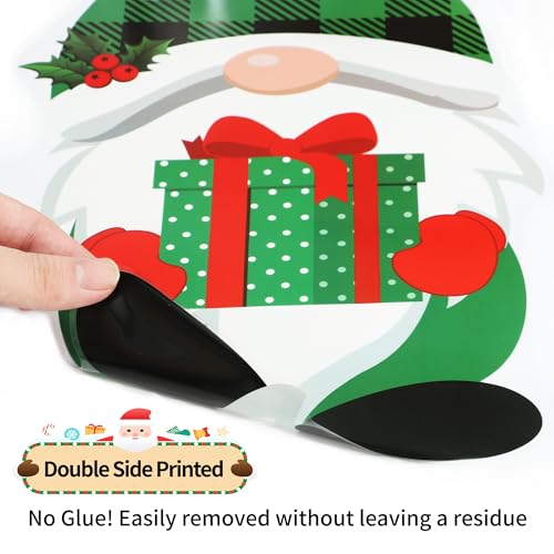 2 Sheets Christmas Window Clings Extra Large Gnome Window Decals Red Green Buffalo Plaid Gnome Windows Stickers Double Sided Christmas Snowflake Windows Clings for Xmas Holiday Home Office Glass Decor