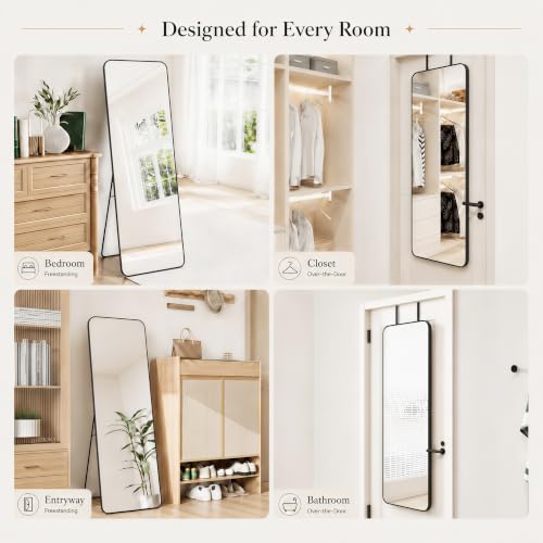 Black Full Length Floor Mirror 57x20 Inches, Freestanding & Wall Mountable