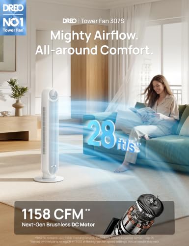DREO Pearl White 36-Inch Smart Tower Fan with 8 Speeds, Whisper-Quiet Cooling