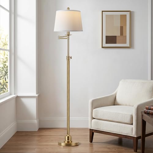 Antique Brass Floor Lamp with Swivel Swing Arm - Height Adjustable Mid Century Modern Tall Lamp for Living Room & Bedroom - LED Bulb Included