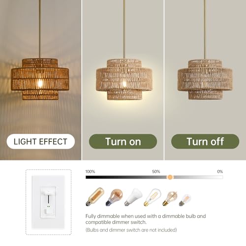 Brown 12.4 Inch Rattan Pendant Light for Kitchen Island - Boho Chandelier