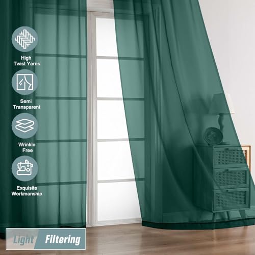 Green Sheer Curtains 63 Inch Length 2 Panels, Soft Voile for