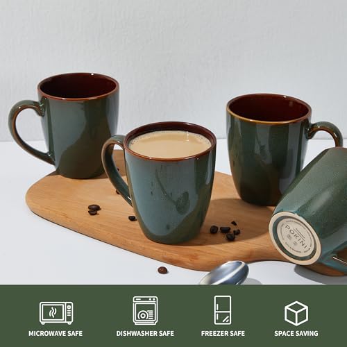 Pokini 14oz Coffee Mug Set of 4 - Artisan Glazed Ceramic Cups for Latte Tea Cappuccino, Brown Green